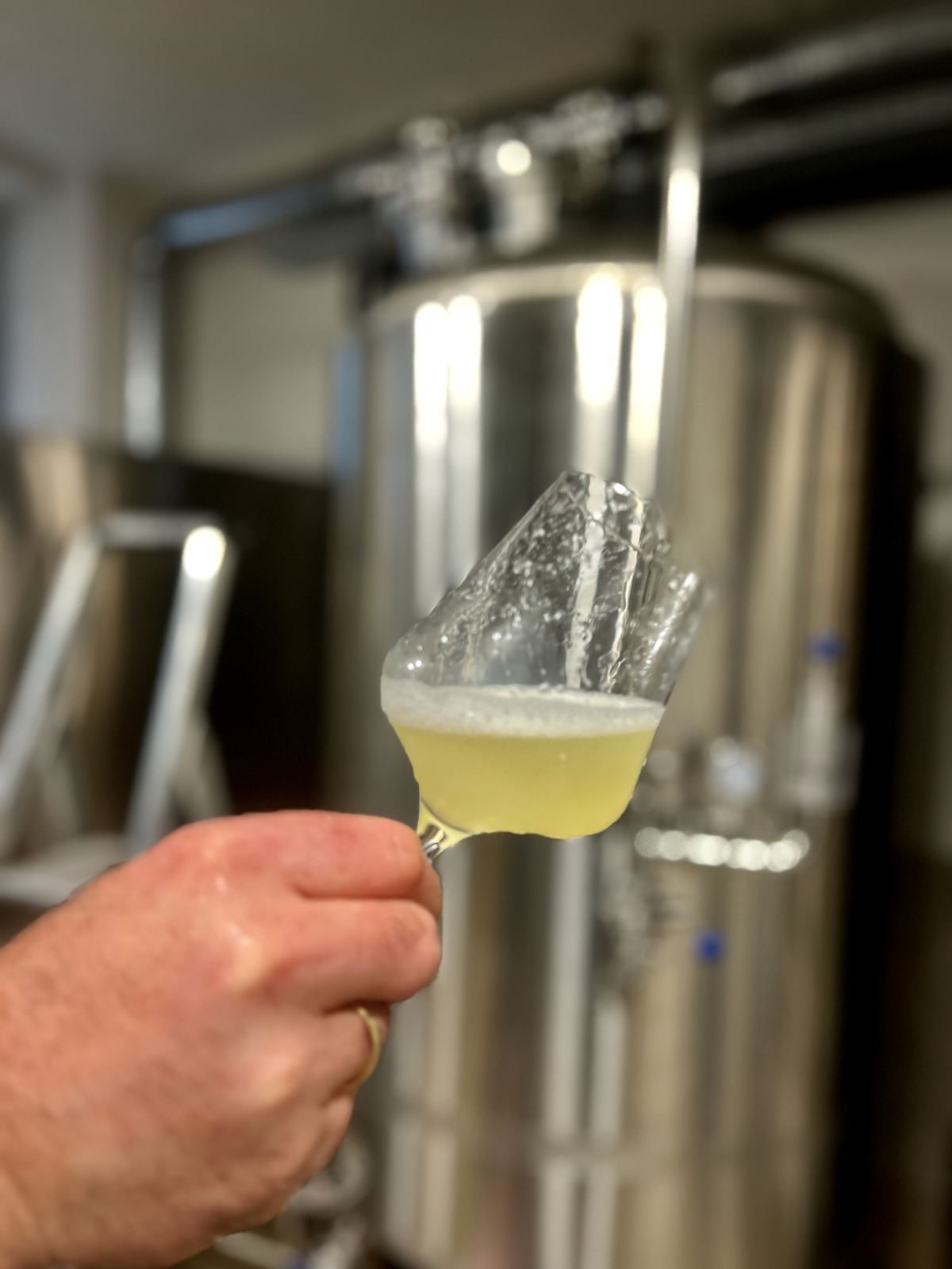 A glass of fresh sake in front of the tanks